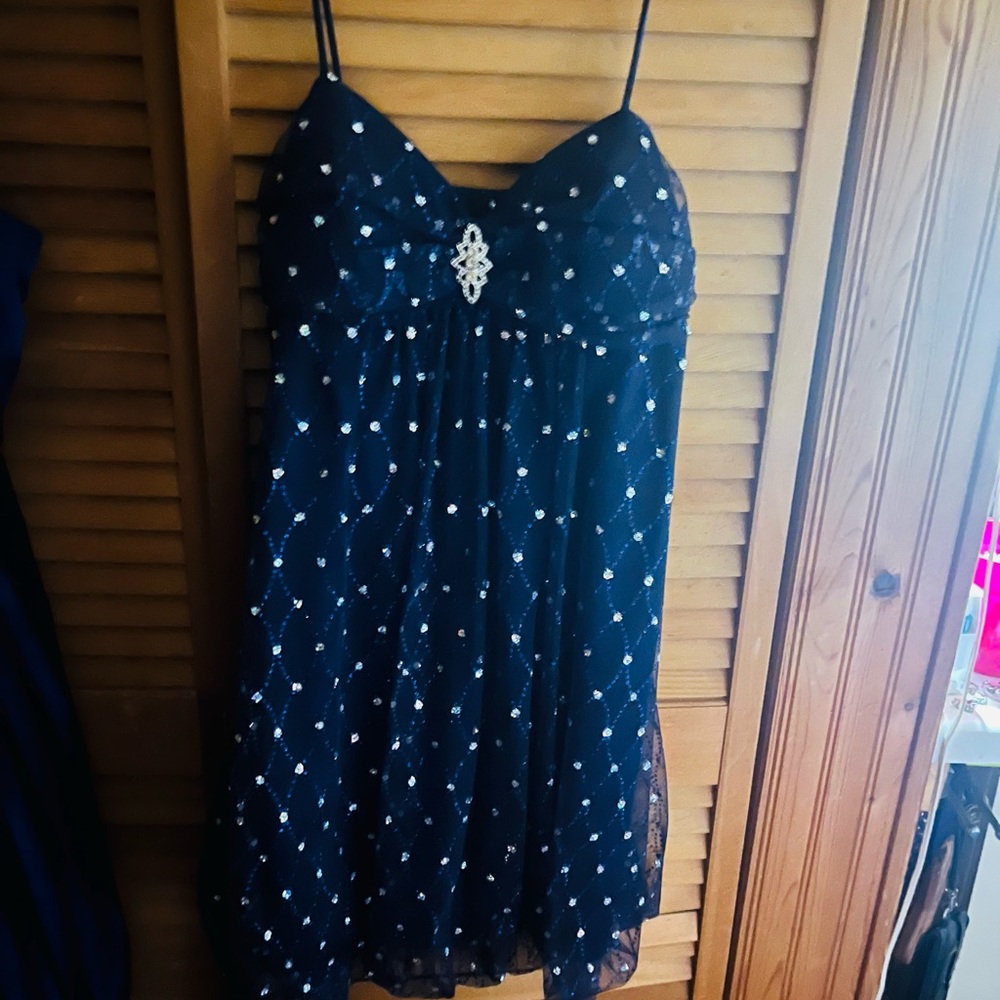 Navy Spaghetti Strap Silver Sequined Cocktail Dress with Diamond Broach